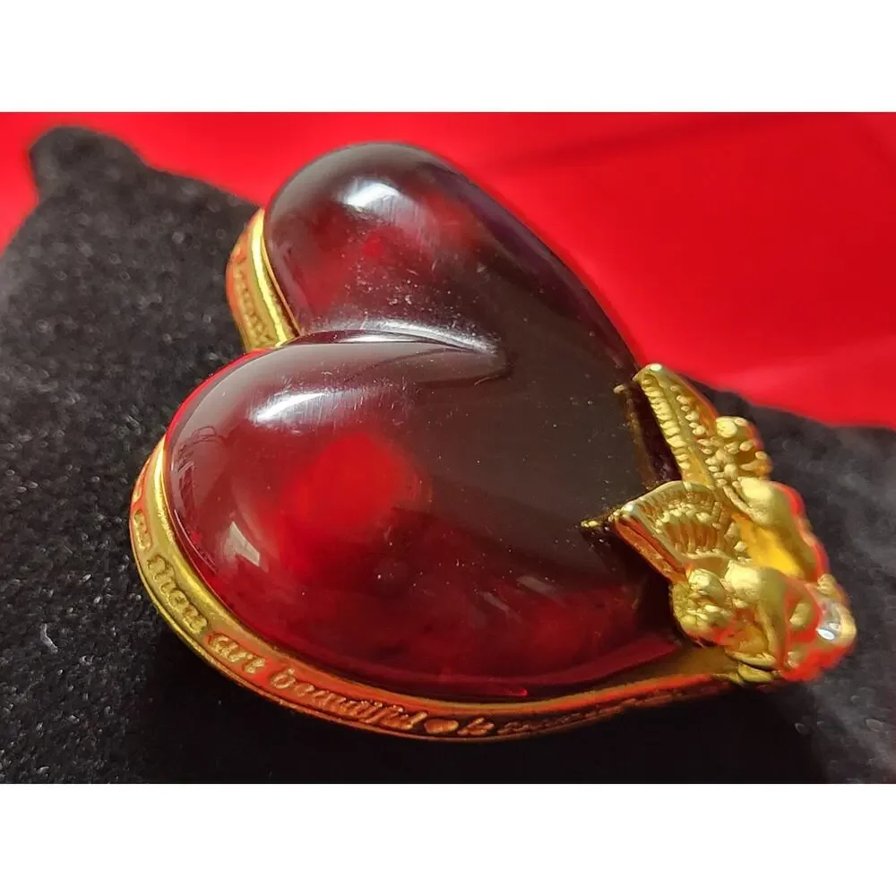 Givenchy Vintage Guardian Angel Cherub Red Lucid Heart Pin Brooch Gold Tone RARE